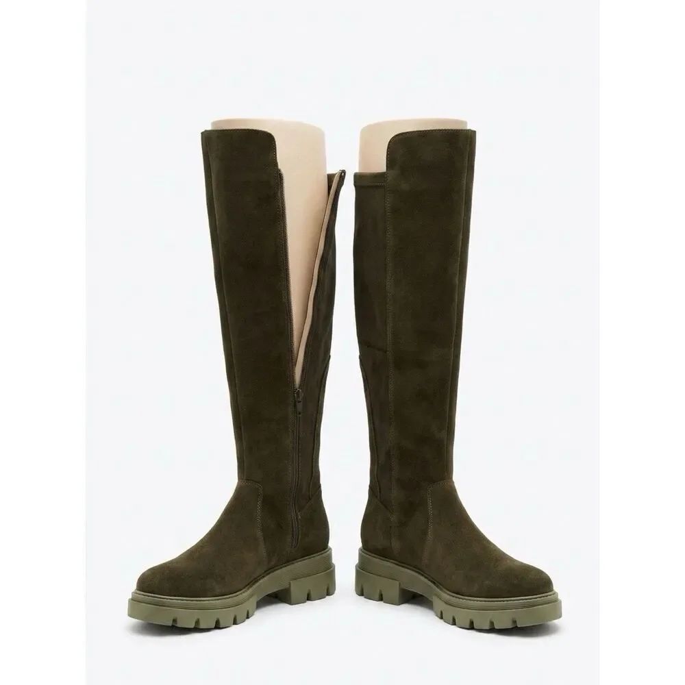 Olive Green Suede Stretch Over-the-Knee Fifth Waterproof Boots Size 37